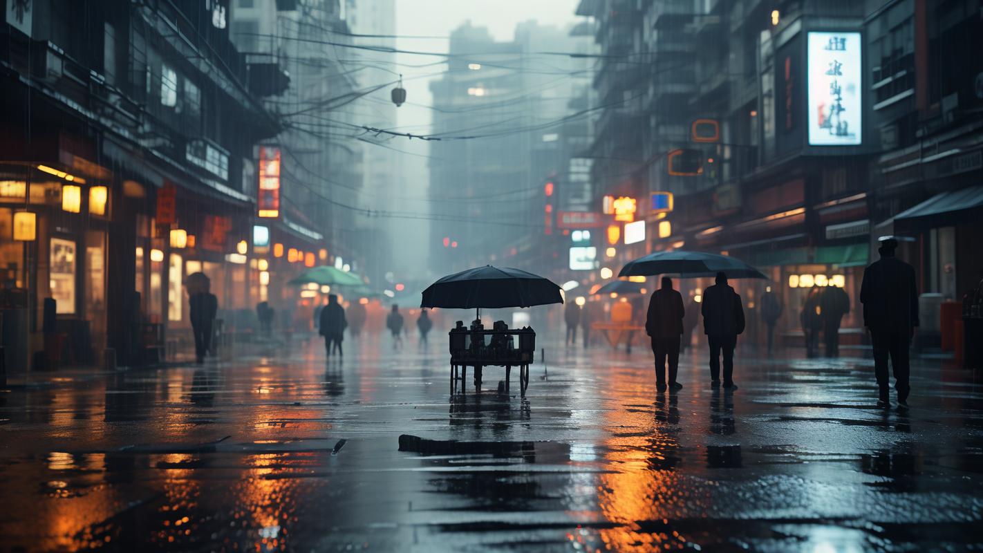 湿漉漉的像是刚下过雨:满是泥泞的街头巷尾