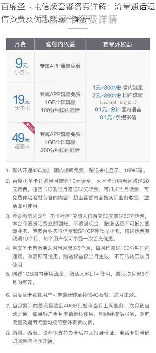 百度圣卡电信版套餐资费详解：流量通话短信资费及优惠活动全解析