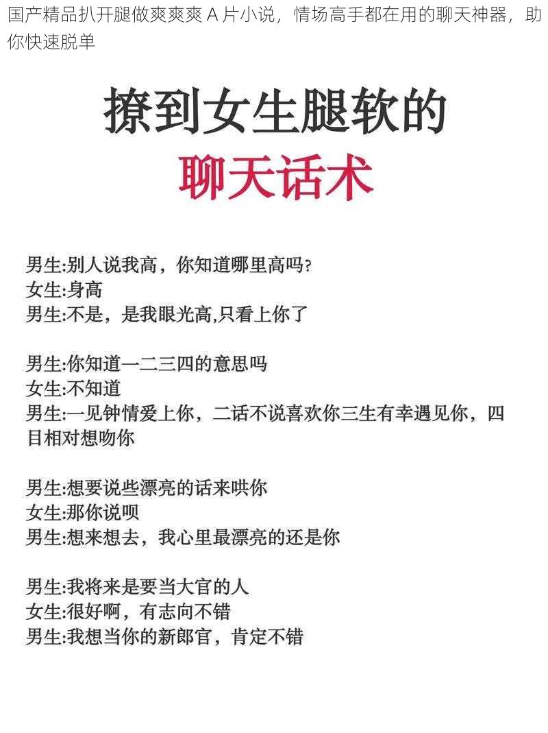 国产精品扒开腿做爽爽爽 A 片小说，情场高手都在用的聊天神器，助你快速脱单