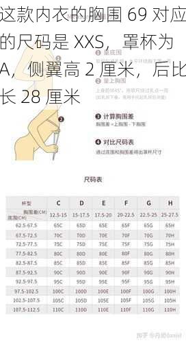这款内衣的胸围 69 对应的尺码是 XXS,罩杯为 A,侧翼高 2 厘米,后比长 28 厘米