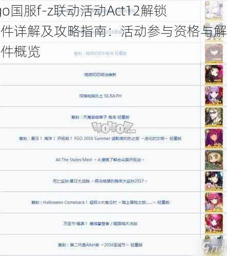 Fgo国服f-z联动活动Act12解锁条件详解及攻略指南:活动参与资格与解锁条件概览