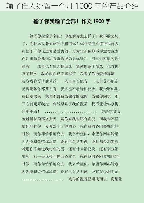 输了任人处置一个月 1000 字的产品介绍